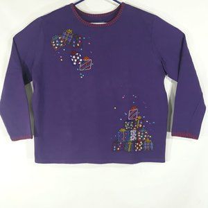 VTG Karen Scott Sport Wm XL-P Holiday Party Sweater Purple Pullover Beaded Gifts